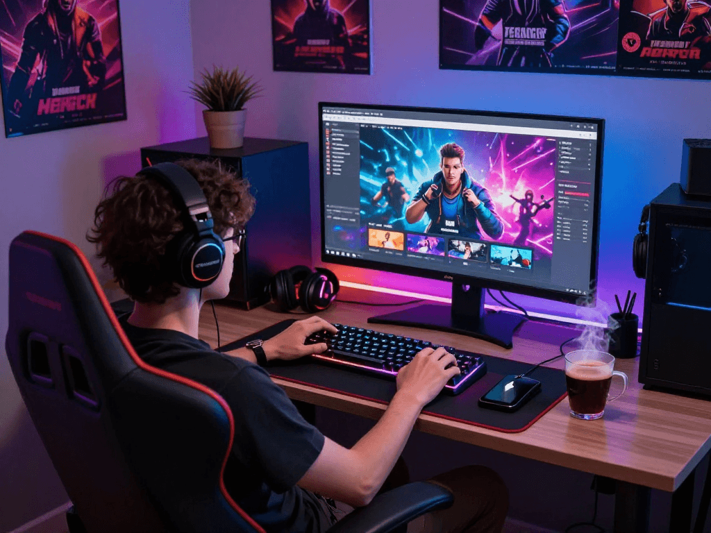 Engaging scene of a gamer immersed in porn games online with vibrant graphics and gaming accessories