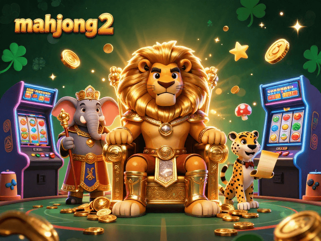 Experience mahjong 2 action with vibrant casino elements, including slot reels and a majestic lion king.