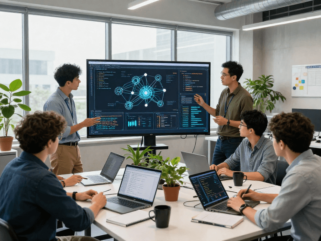 Collaborative tech team discussing spicy ai advancements in a modern lab.