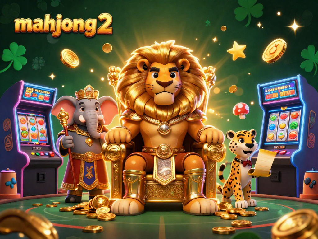 Experience mahjong 2 action with vibrant casino elements, including slot reels and a majestic lion king.