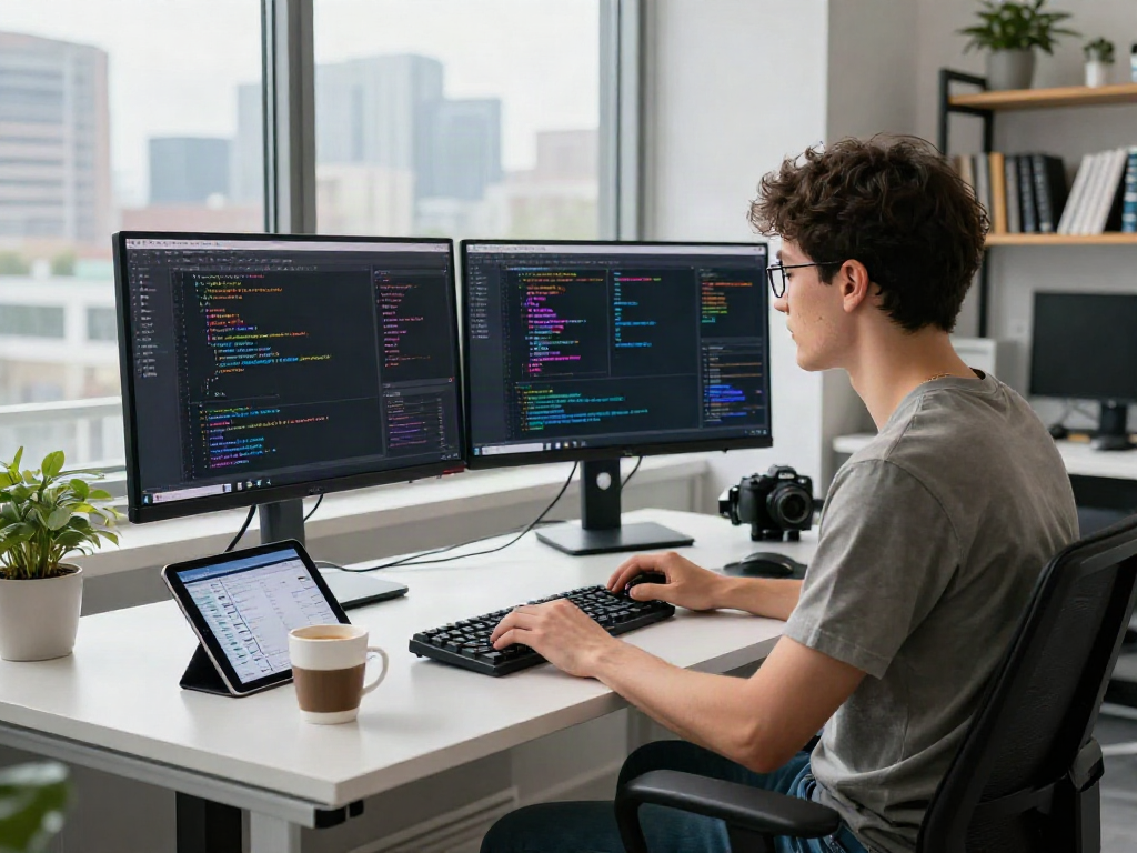 Developer analyzing spicy AI algorithms at a modern tech workspace with vibrant code on screens.