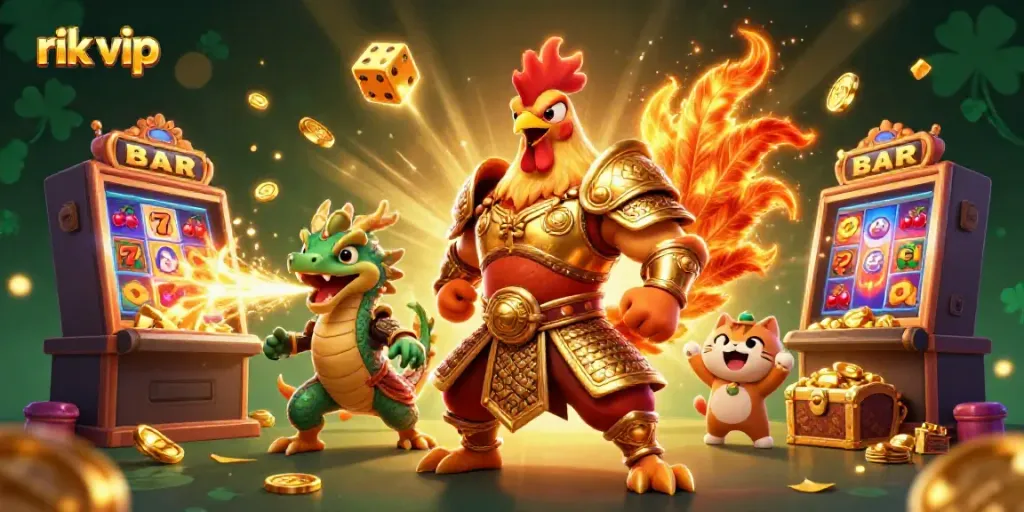 Experience the excitement of rik vip with a dynamic casino scene featuring a rooster warrior and dragon alongside thrilling game elements.