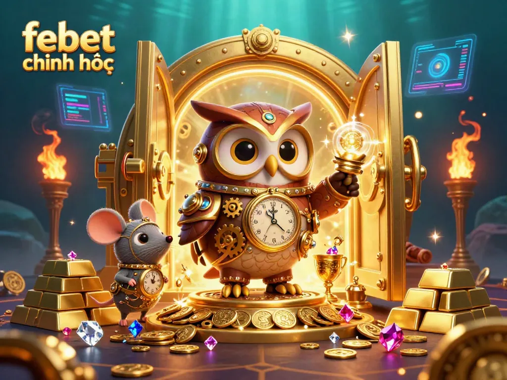 Experience the thrilling adventures of febet chính thức with a whimsical illustration of a time-traveling owl amidst a treasure-filled casino setting.
