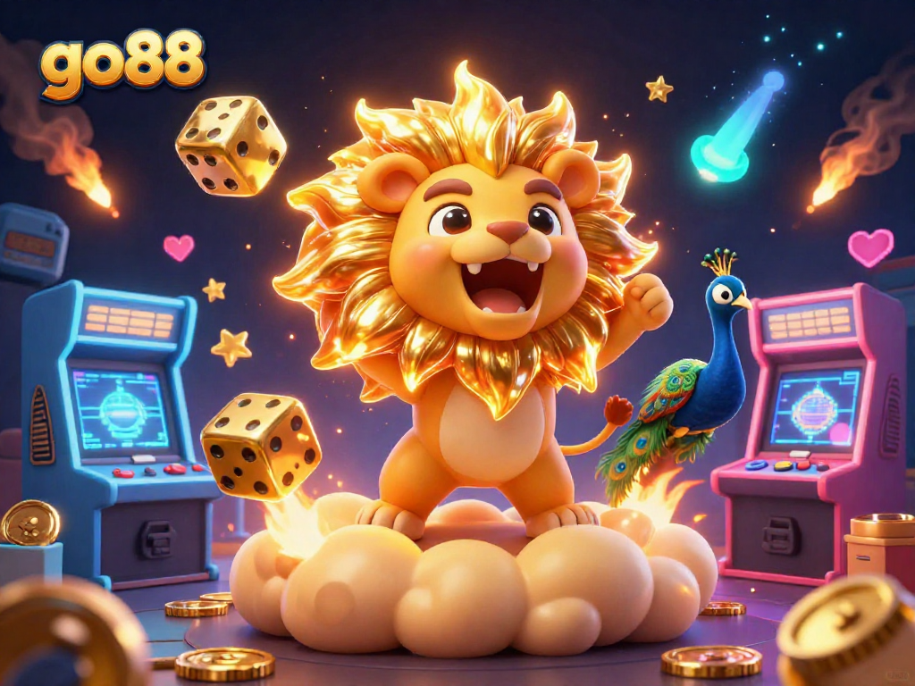 Experience exciting games and thrilling wins at go88's vibrant 3D casino scene filled with golden elements.