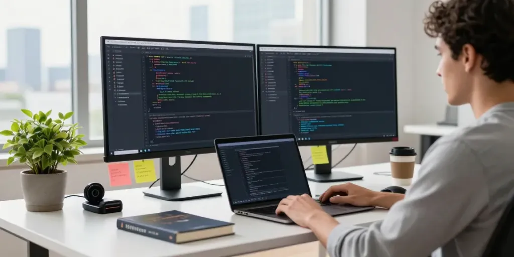 Developer using instant indexing tools in a modern tech workspace.