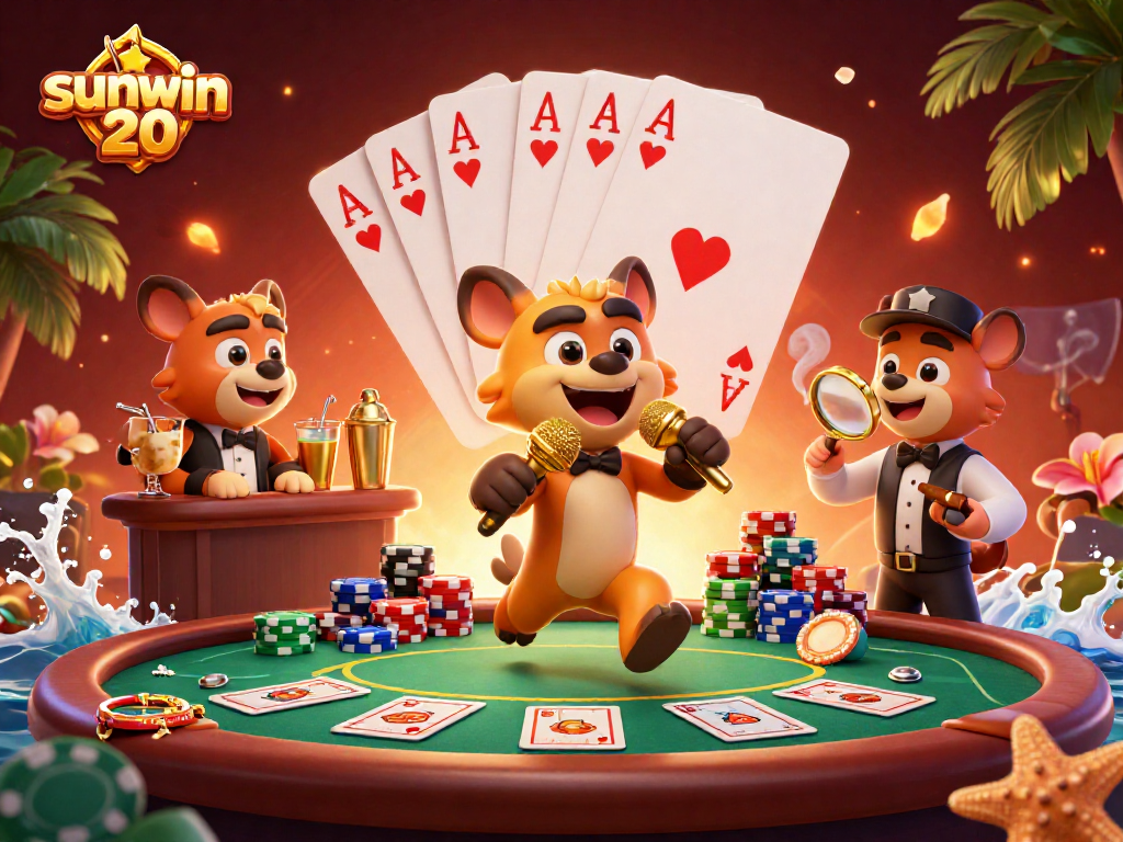 Experience the vibrant comedy casino scene of sunwin 20 with lively hyenas, poker action, and colorful decorations.