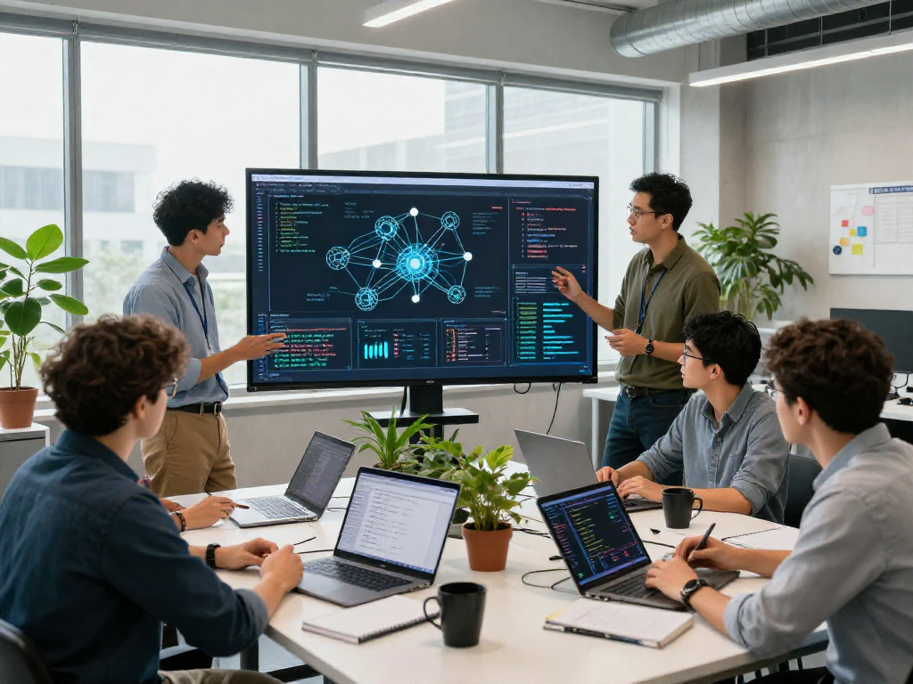 Collaborative tech team discussing spicy ai advancements in a modern lab.