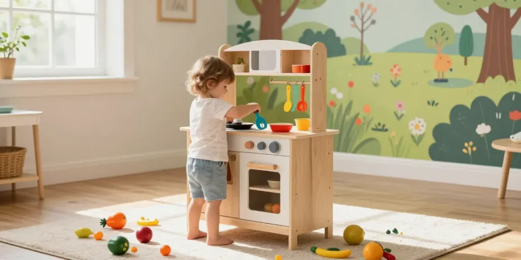 Engaging scene of a child enjoying a wooden kitchen, playing with colourful toys and vibrant decor.
