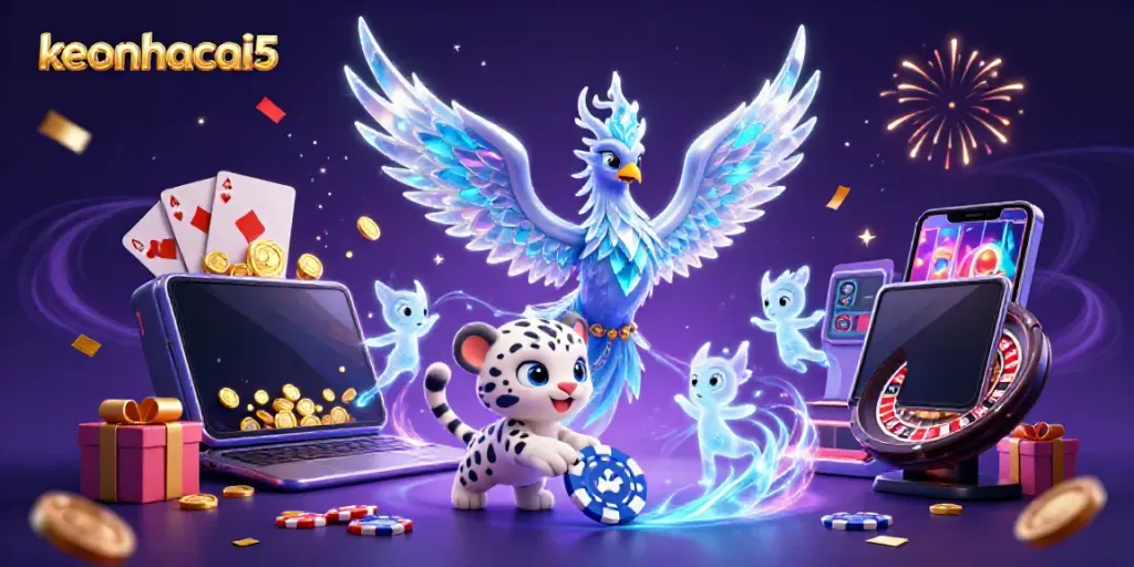 Experience the vibrant fantasy world of keonhacai5 where an ice phoenix and snow leopard explore exciting slot game elements enriched with golden coins and vibrant energy.