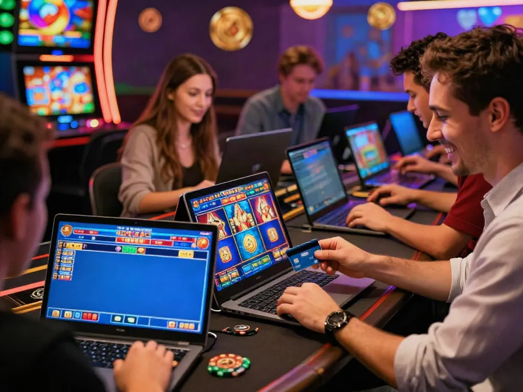 Excited players engaging with credit card casinos online in a lively atmosphere