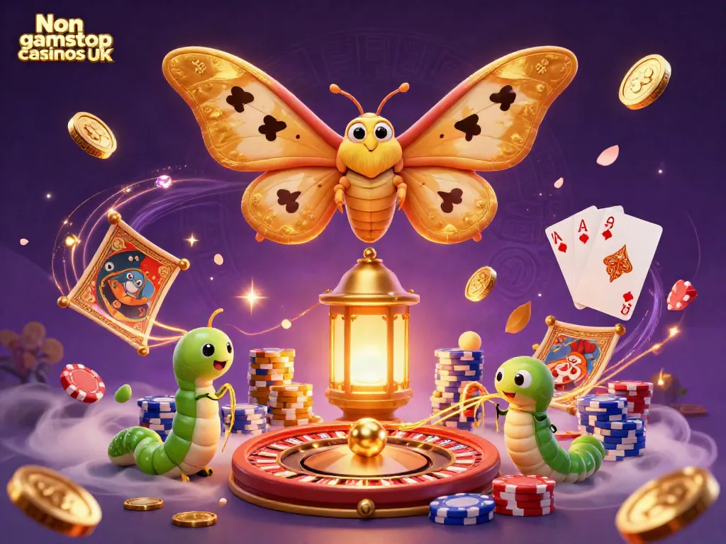 Engaging scene featuring Non gamstop casinos UK with vibrant casino elements and a majestic moth.