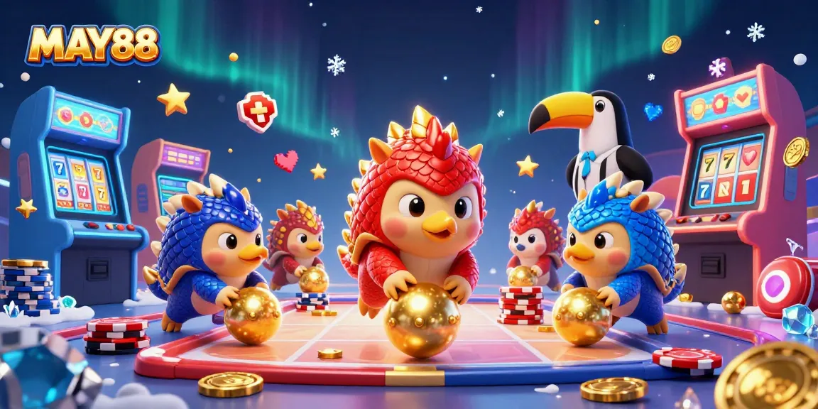 MAY88 offers an exciting casino gaming experience with vibrant pangolin characters enjoying slots and poker elements.