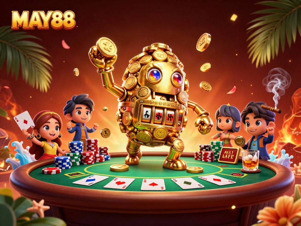 Engage with MAY88's lavish casino scene showcasing a golden golem amid vibrant poker elements.