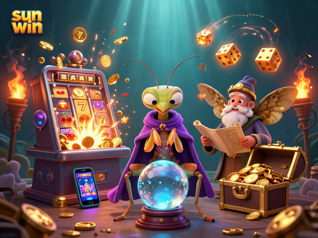 Experience the excitement of sun win with an ultra-detailed casino scene featuring vibrant slot machines and whimsical characters.