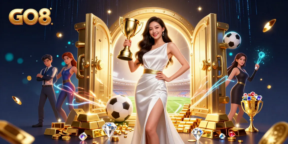 Bet on GO8 and win big with a confident Asian woman holding a trophy amid vibrant gaming riches.