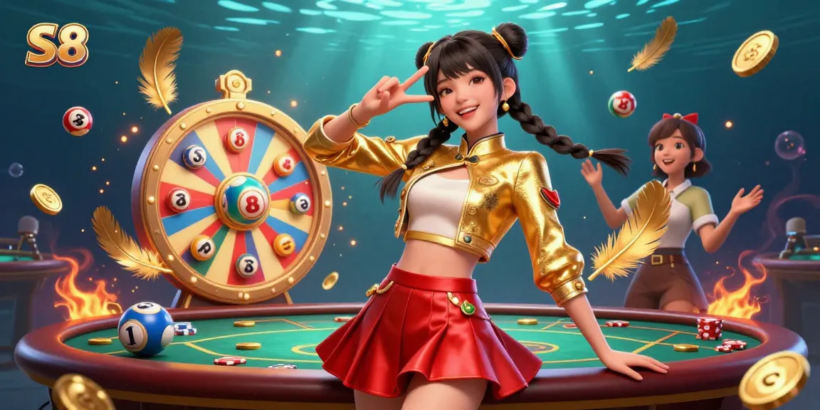 Experience the vibrant casino atmosphere of S8, where players celebrate wins surrounded by colorful games and tokens.