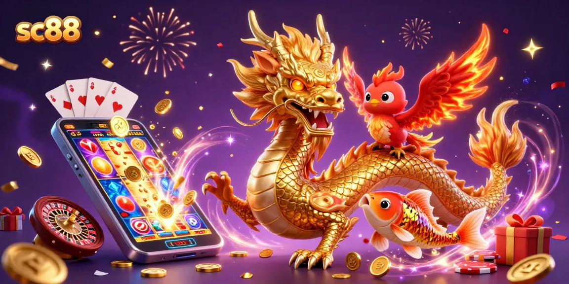 Experience the thrilling world of sc88 with a golden dragon, phoenix, and lucky koi amidst vibrant casino elements.