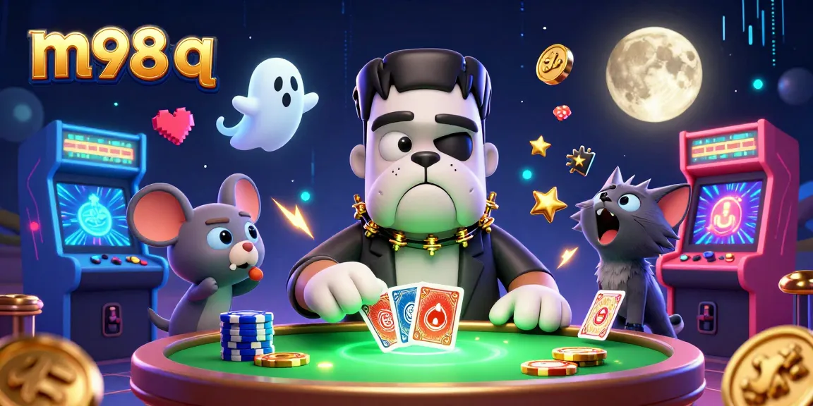 Experience thrilling games in a vibrant casino scene featuring m98 q, card games, and colorful elements.
