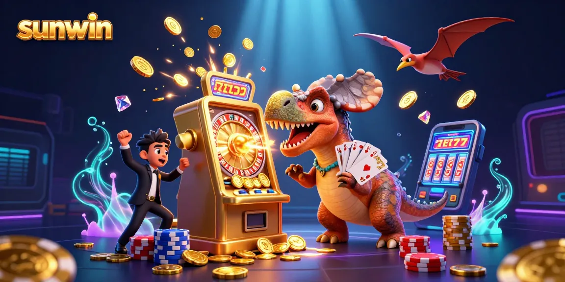 sunwin features a cartoon dinosaur hitting a slot machine while coins fly, showcasing excitement in gaming.