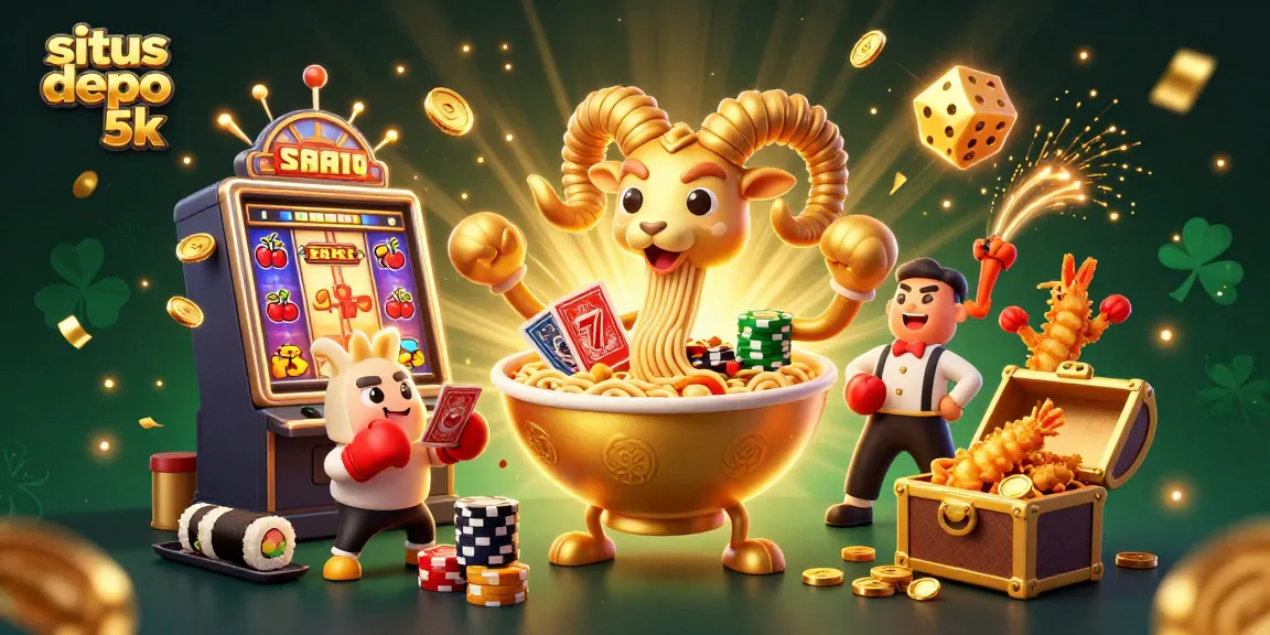 Experience gaming at situs depo 5k with a vibrant 3D illustration of slot action and jackpot excitement.