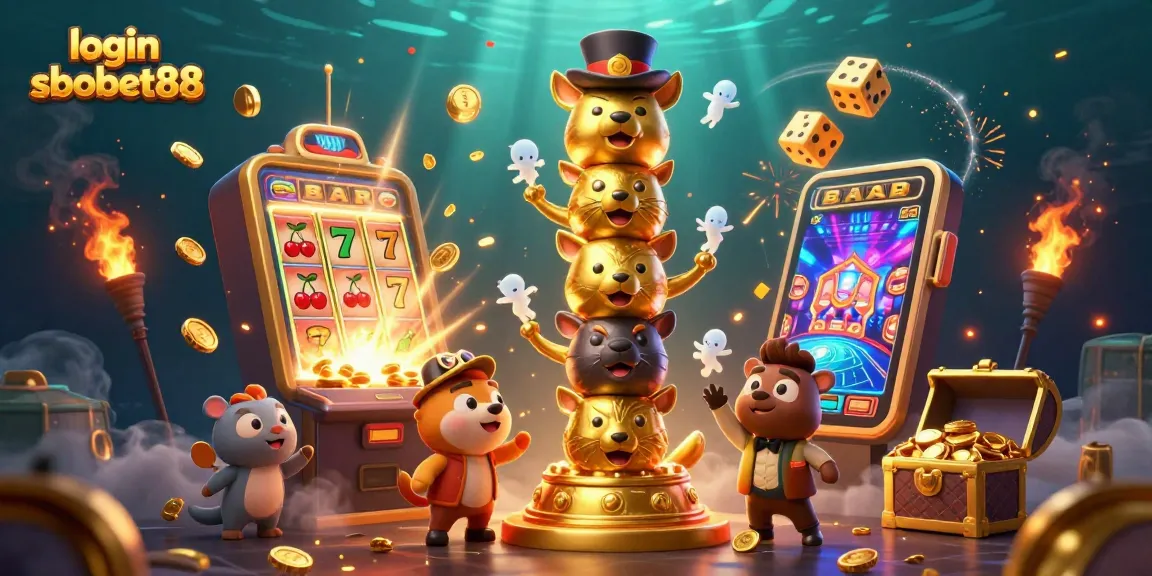 Engage with login sbobet88, showcasing a vibrant casino scene filled with slot machines and golden treasures.