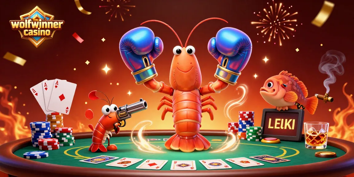 Experience excitement at wolfwinner casino with cartoon mantis shrimp and poker elements.