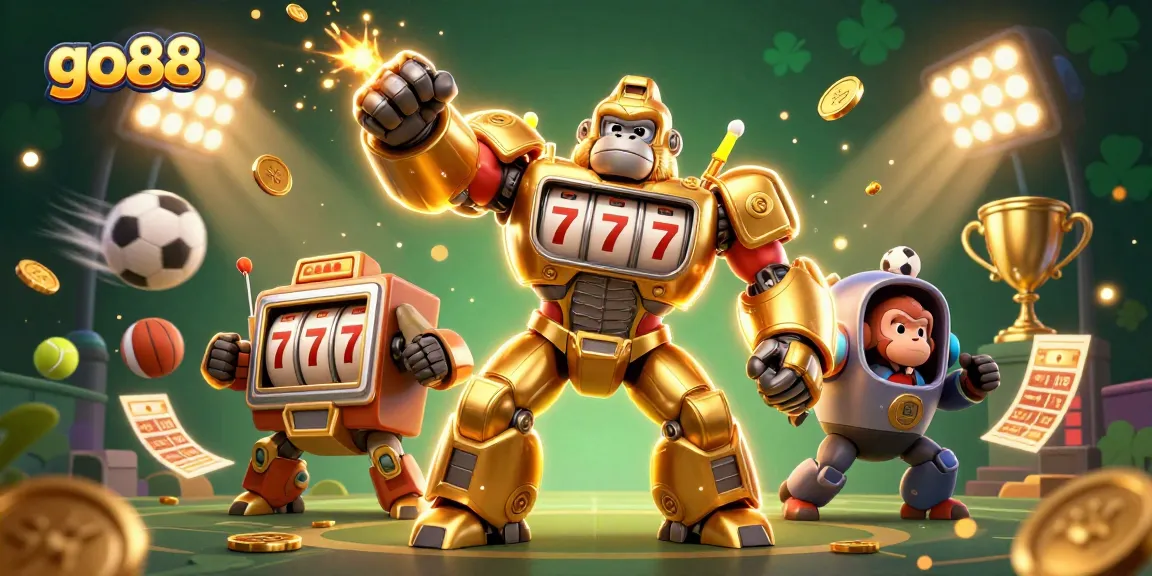 Experience thrilling gaming at go88 with dynamic visuals of a 3D golden gorilla mech amidst exciting sports and casino elements.
