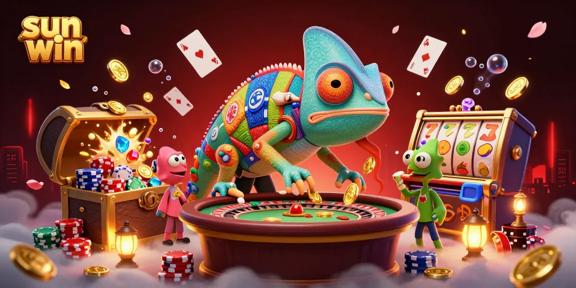 Experience the thrill of gaming at sun win with a vibrant chameleon casino owner, colorful slot reels, and a rich backdrop.