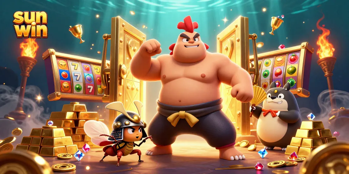 Immerse in the thrill of sun win with a powerful sumo wrestler rooster and vibrant slot reels amidst gold treasures.